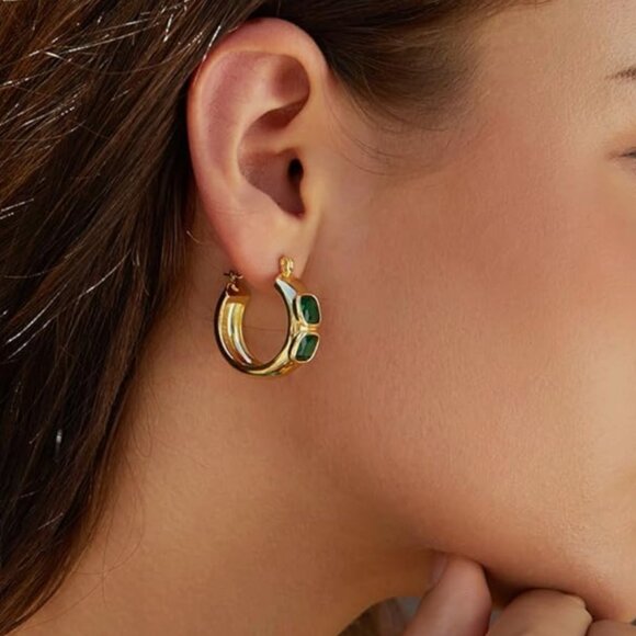 Green Lightweight 4k Gold plated Earrings Elegant Chunky Hoops - Picture 2 of 5